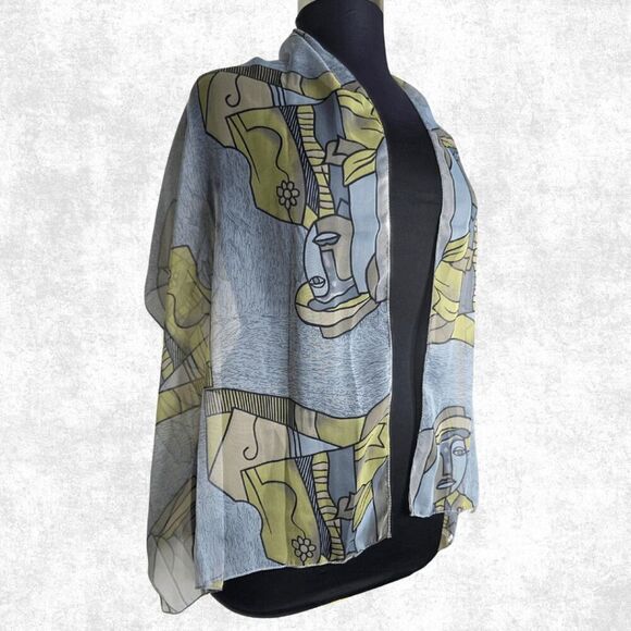 Sheer Abstract Art Scarf Wrap – Picasso Style Print – Lightweight Festival Layer - Picture 5 of 5